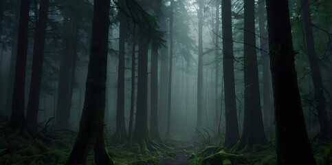 Fog In Spooky Forest At Moon Light On Asphalt - Abstract Bokeh. Spooky Halloween in the haunted forest. Night at misty forest.