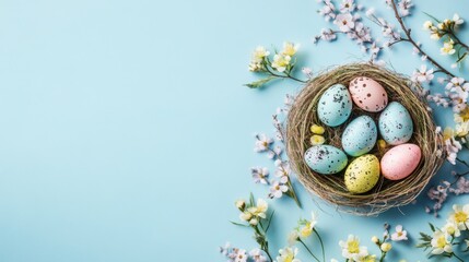 Colorful Easter Eggs in Nest with Flowers