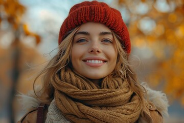 Joyful autumn  stylish woman in red hat and scarf celebrates in city park with gloves and bag