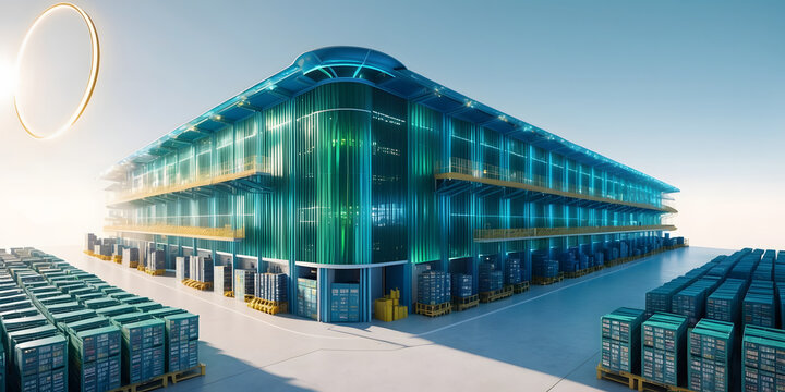 Modern logistics warehouse building structure. AI technology. Exterior of a modern warehouse with a small office unit. Dropshipping. E-commerce
