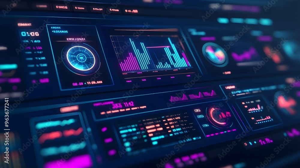 Aufkleber futuristic digital interface with neon lights and data visualizations