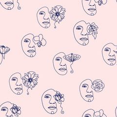 Outline woman face, abstract flowers leaves, line continuous drawing vector seamless pattern. Female portrait