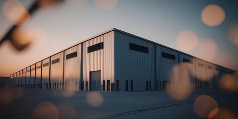 Modern logistics warehouse building structure. AI technology. Exterior of a modern warehouse with a small office unit. Dropshipping. E-commerce