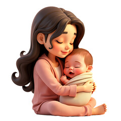 3d Mother Hugging Newborn Baby on Transparent Background