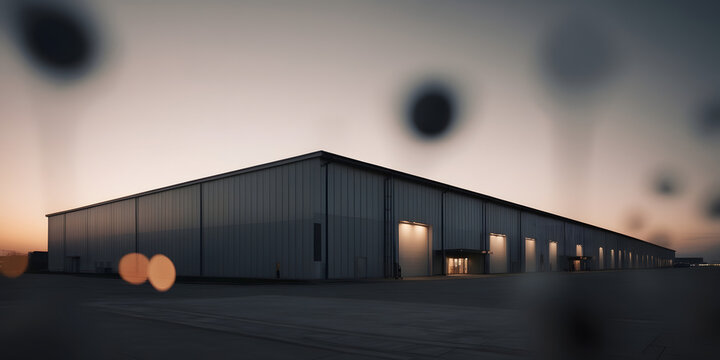 Modern logistics warehouse building structure. AI technology. Exterior of a modern warehouse with a small office unit. Dropshipping. E-commerce