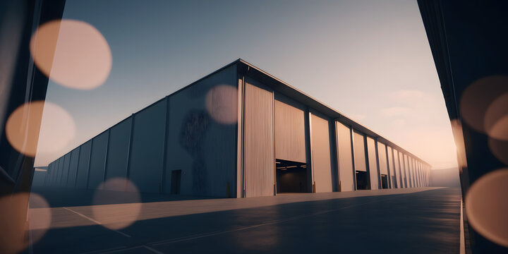 Modern logistics warehouse building structure. AI technology. Exterior of a modern warehouse with a small office unit. Dropshipping. E-commerce