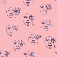 Outline woman face, abstract flowers leaves, line continuous drawing vector seamless pattern. Female portrait