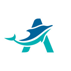 a logo combination of dolphins with letters, initials, numbers or alphabets with a blue base color for business purpose and other