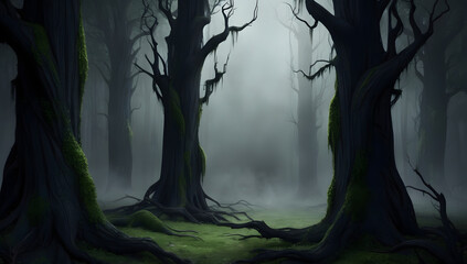 Fog In Spooky Forest At Moon Light On Asphalt - Abstract Bokeh. Spooky Halloween in the haunted forest. Night at misty forest.