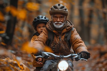 Obraz premium Grandfather guides his grandson in learning to ride a bike amidst autumn s natural beauty