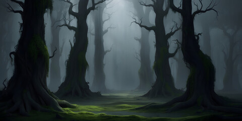 Obraz premium Fog In Spooky Forest At Moon Light On Asphalt - Abstract Bokeh. Spooky Halloween in the haunted forest. Night at misty forest.