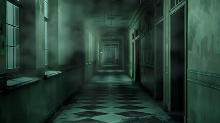 Fototapeta premium Abandoned hospital with eerie atmosphere, ghostly figures wander halls in search of peace and closure.