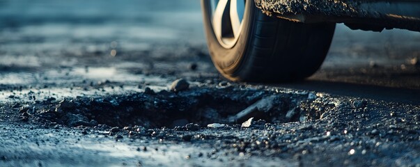 Close-up of a Car Tire Driving Over a Pothole