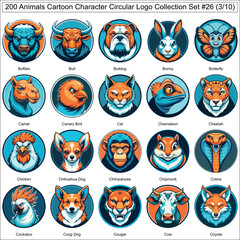 Animals Cartoon Character Circular Logo Collection Set of 200 Isolated Animals Part 3