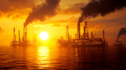 Obraz premium A dramatic sunset over oil rigs, showcasing the industrial landscape and its reflection on the water, symbolizing energy production.