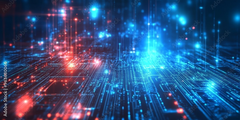 Poster a vibrant and abstract digital network background is depicted, filled with glowing particles in a ri