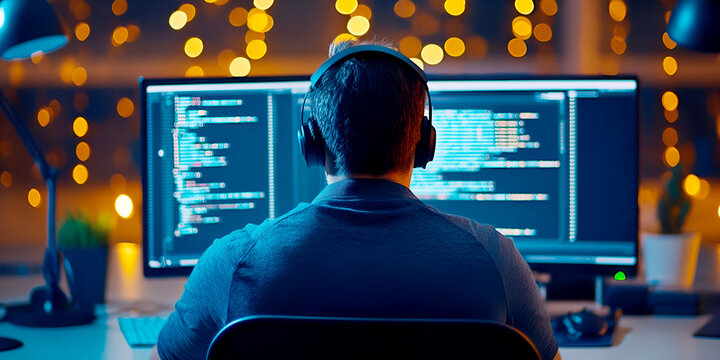 A focused programmer working late at night, surrounded by glowing screens and a cozy atmosphere filled with bokeh lights.