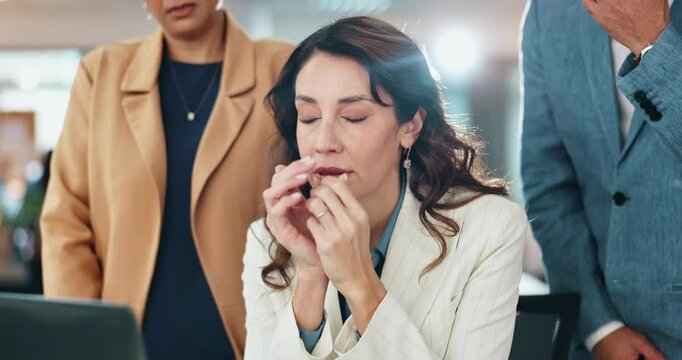 Collaboration, project management and stress with business people in office together for online report. Feedback, frustration and review with employee team in corporate workplace for report or review