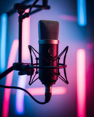 Studio microphone and room with neon lights in the background, podcast and entertainment concept.