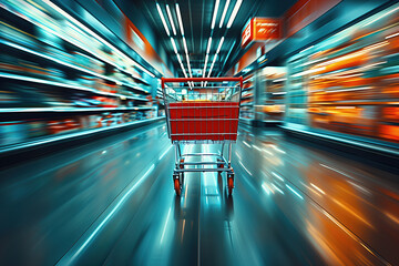Empty Shopping Cart in Motion with Blurred Supermarket Background