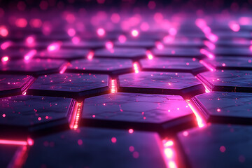 Obraz premium Futuristic hexagonal grid pattern with a vibrant neon glow, ideal for sci-fi themes, technology visuals, and modern digital designs. 