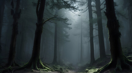 Naklejka premium Mysterious forest with a moonlit path fog and a Halloween backdrop hint, Dark, Horror, Unsettling, Eerie 