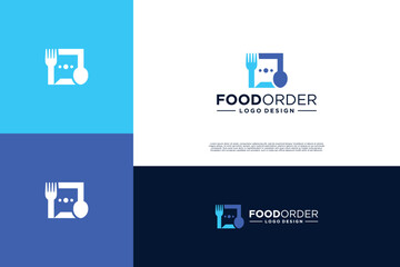 bubble chat with fork and spoon logo design for restaurant food order