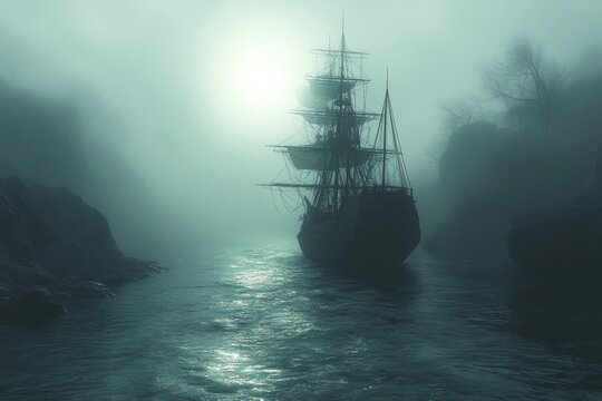 Eerie pirate ships navigating through foggy waters. Generative AI