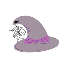 Witch hat with spider and cobweb festive clothes, cute fancy magic accessory hand drawn doodle simple illustration, clipart for Halloween party decoration, cartoon spooky character headwear