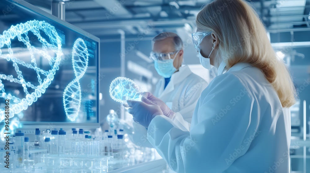 Poster scientists examining dna structure in lab with digital hologram