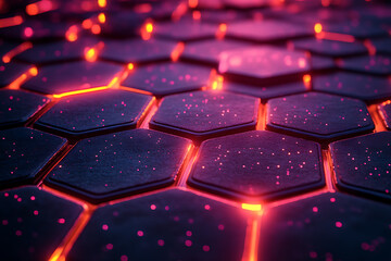 Futuristic hexagonal grid pattern with a vibrant neon glow, ideal for sci-fi themes, technology visuals, and modern digital designs.
