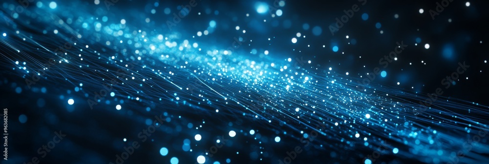 Poster a mesmerizing digital background showcasing glowing blue particles, which creates an intriguing and 