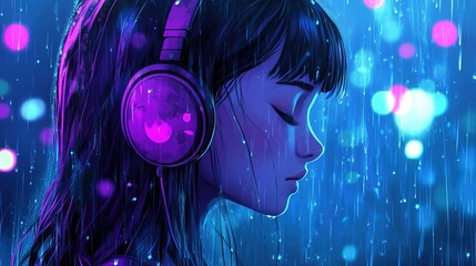 Naklejka premium Lofi Beautiful Anime Girl Listening to Hip Hop Music with Headphones Rain Rainy - Calm Cozy Chill Serene Aesthetic Manga Cartoon Drawing 