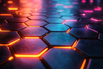 Futuristic hexagonal grid pattern with a vibrant neon glow, ideal for sci-fi themes, technology visuals, and modern digital designs.
