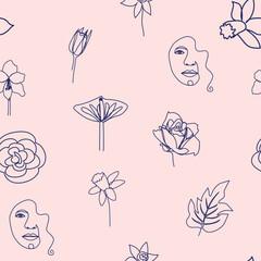 Woman face Continuous line seamless pattern. Abstract Female portrait with flowers. Drawing vector Wallpaper, fabric, wrapping paper, card, poster