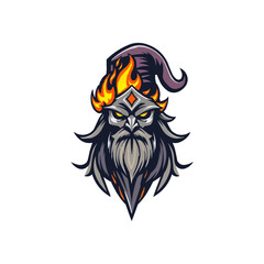 Old wizard illustration for logo. wizard magic fire head e sport logo badge vector illustration