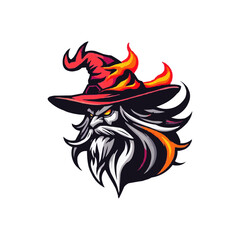 Naklejka premium Old wizard illustration for logo. wizard magic fire head e sport logo badge vector illustration