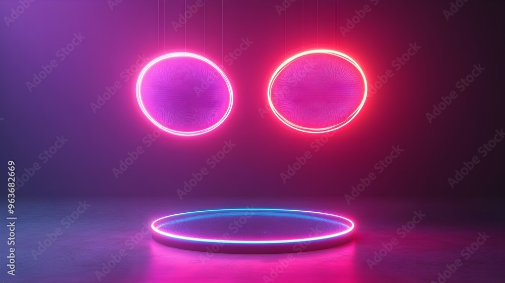 Poster abstract neon circle light background with product stand