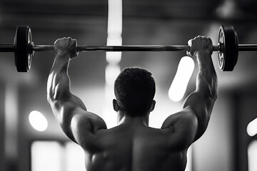 Fototapeta premium A strong individual performing an overhead lift with a barbell in a gym. Captured in a striking black and white style.