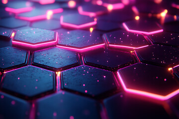Obraz premium Futuristic hexagonal grid pattern with a vibrant neon glow, ideal for sci-fi themes, technology visuals, and modern digital designs. 