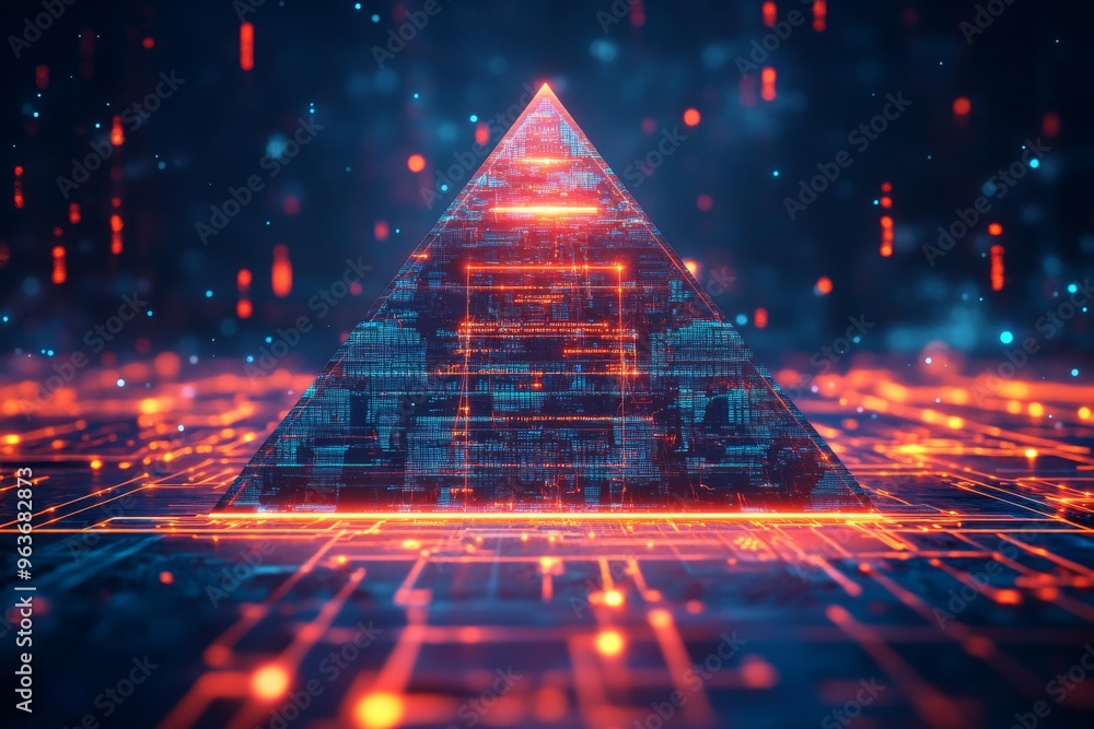 Poster a striking 3d pyramid stands tall in a vivid digital landscape, showcasing advanced data analysis an