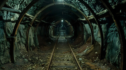 Naklejka premium Abandoned mine shaft with eerie ghosts haunting the dark tunnels, whispers fill the empty spaces.