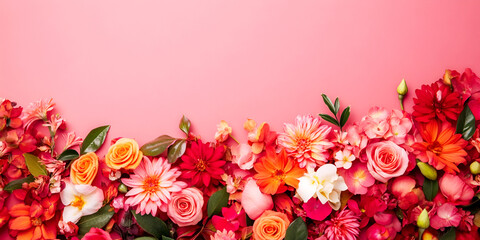 A vibrant arrangement of assorted flowers in pink hues against a soft pink background, perfect for celebrating beauty and nature.
