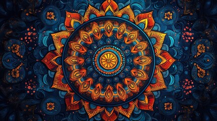 Symmetrical mandala designs with bold colors and detailed ornamental elements wallpaper