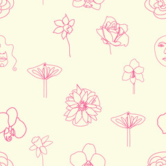 Woman face Continuous line seamless pattern. Abstract Female portrait with flowers. Drawing vector Wallpaper, fabric, wrapping paper, card, poster