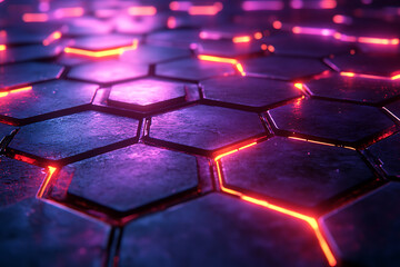 Obraz premium Futuristic hexagonal grid pattern with a vibrant neon glow, ideal for sci-fi themes, technology visuals, and modern digital designs. 