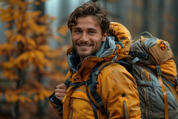 Fototapeta premium Cheerful man with backpack closes car trunk amidst the vibrant colors of autumn season