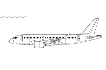 Bombardier CS100. Airbus 220. Vector drawing of short-range, passenger jet airliner. Side view. Image for illustration and infographics.