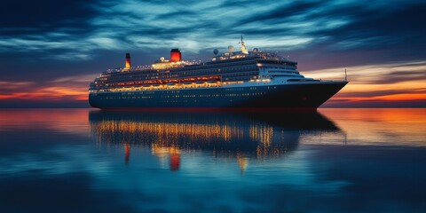 The picturesque sunset presents a breathtaking view of a glowing cruise ship gracefully floating on the calm waters, creating a perfect and serene backdrop for a relaxing evening adventure by the sea