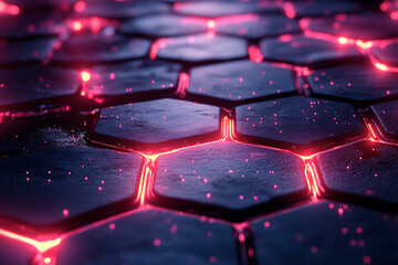 Obraz premium Futuristic hexagonal grid pattern with a vibrant neon glow, ideal for sci-fi themes, technology visuals, and modern digital designs. 